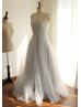 Light Gray Lace Organza Cut Out Back Unique Prom Dress